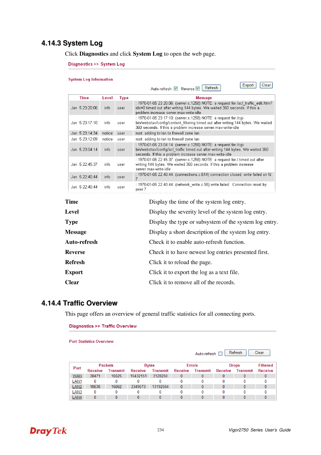 Draytek 2750 manual System Log, Traffic Overview 