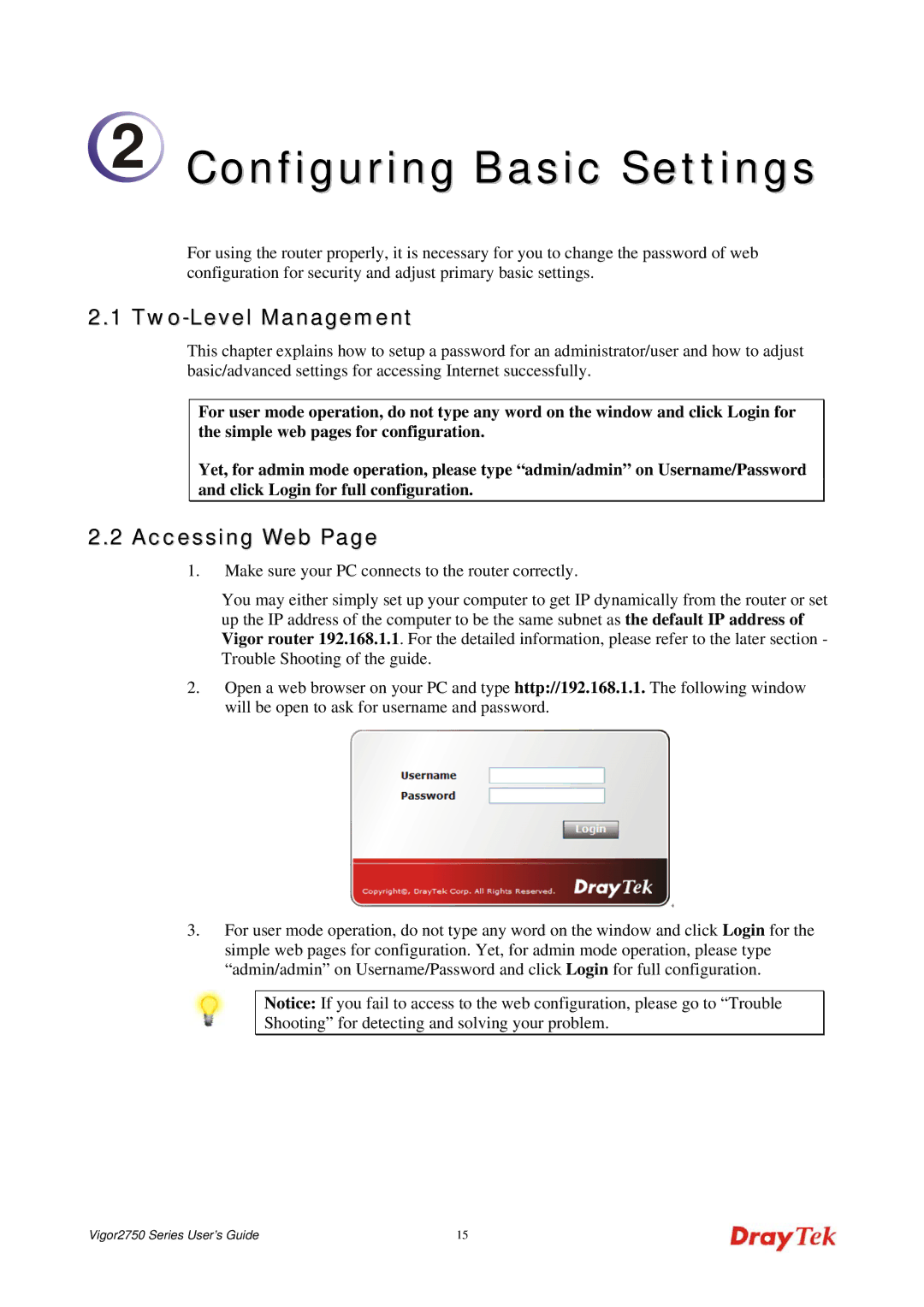 Draytek 2750 manual Two-Level Management, Accessing Web 