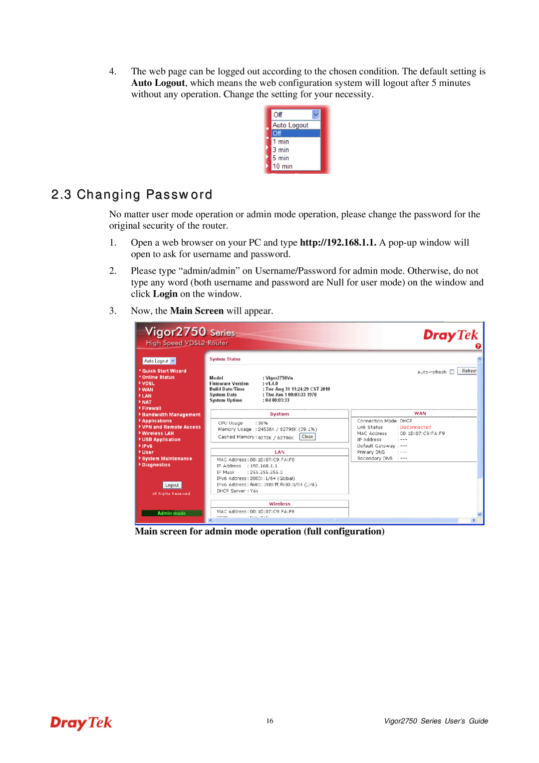 Draytek 2750 manual Changing Password, Main screen for admin mode operation full configuration 