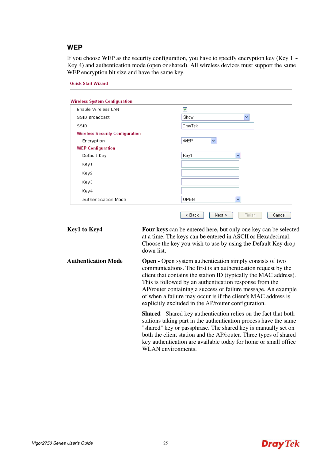 Draytek 2750 manual Key1 to Key4, Authentication Mode 