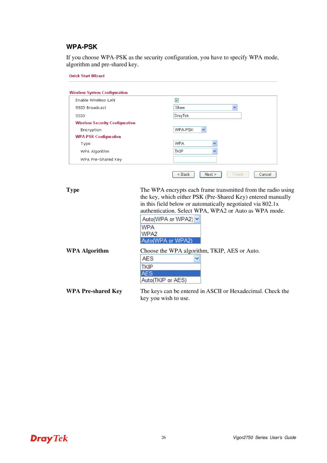 Draytek 2750 manual Type, WPA Algorithm, WPA Pre-shared Key, Key you wish to use 