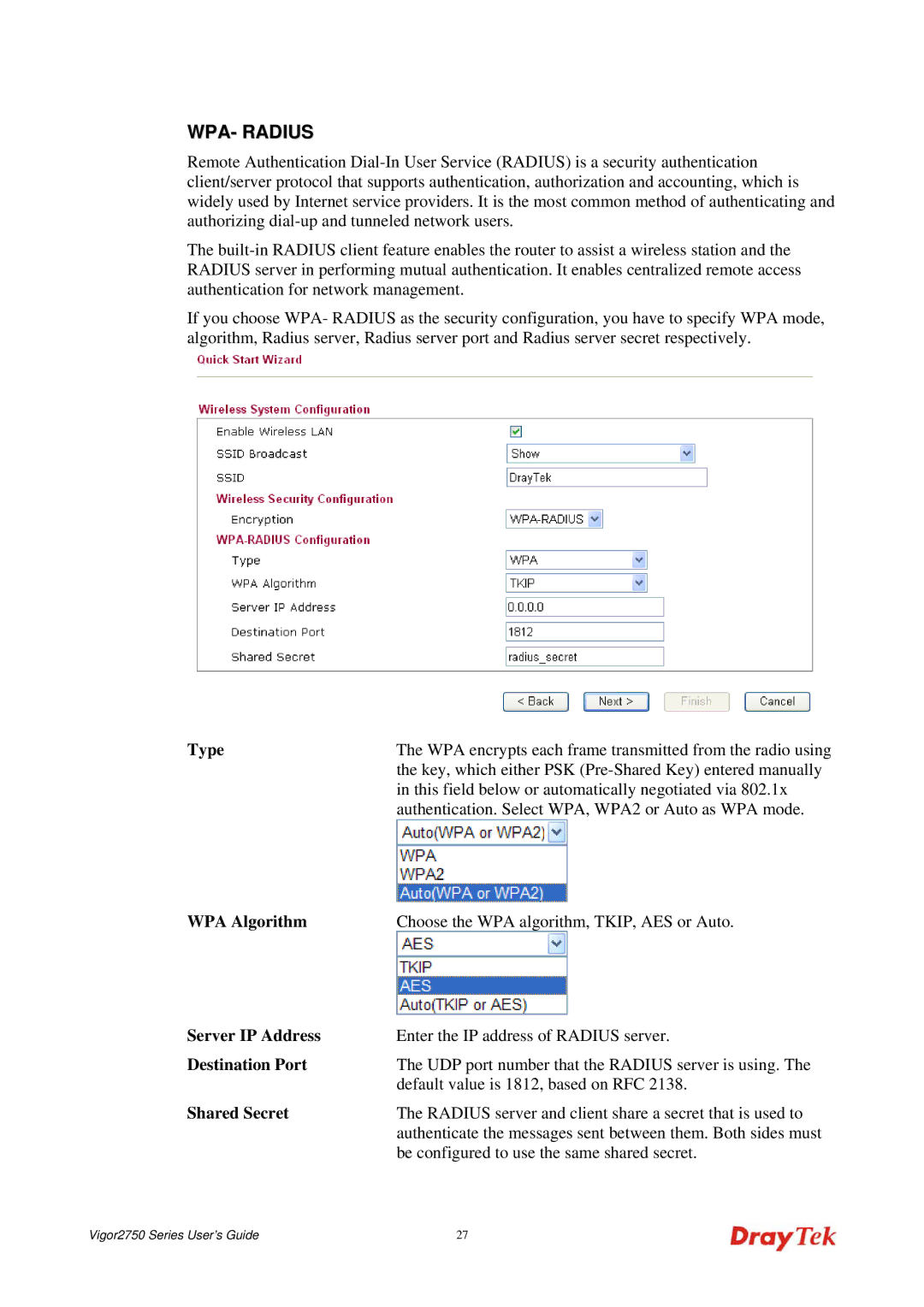 Draytek 2750 manual Server IP Address, Destination Port, Shared Secret 