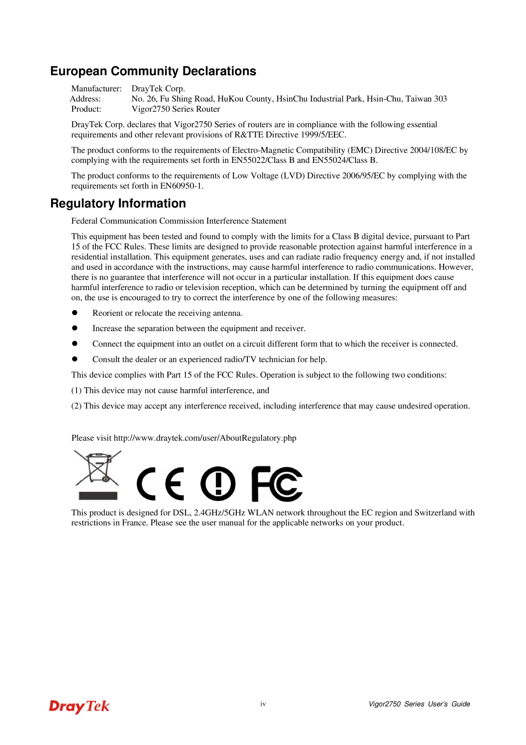 Draytek 2750 manual European Community Declarations, Regulatory Information 