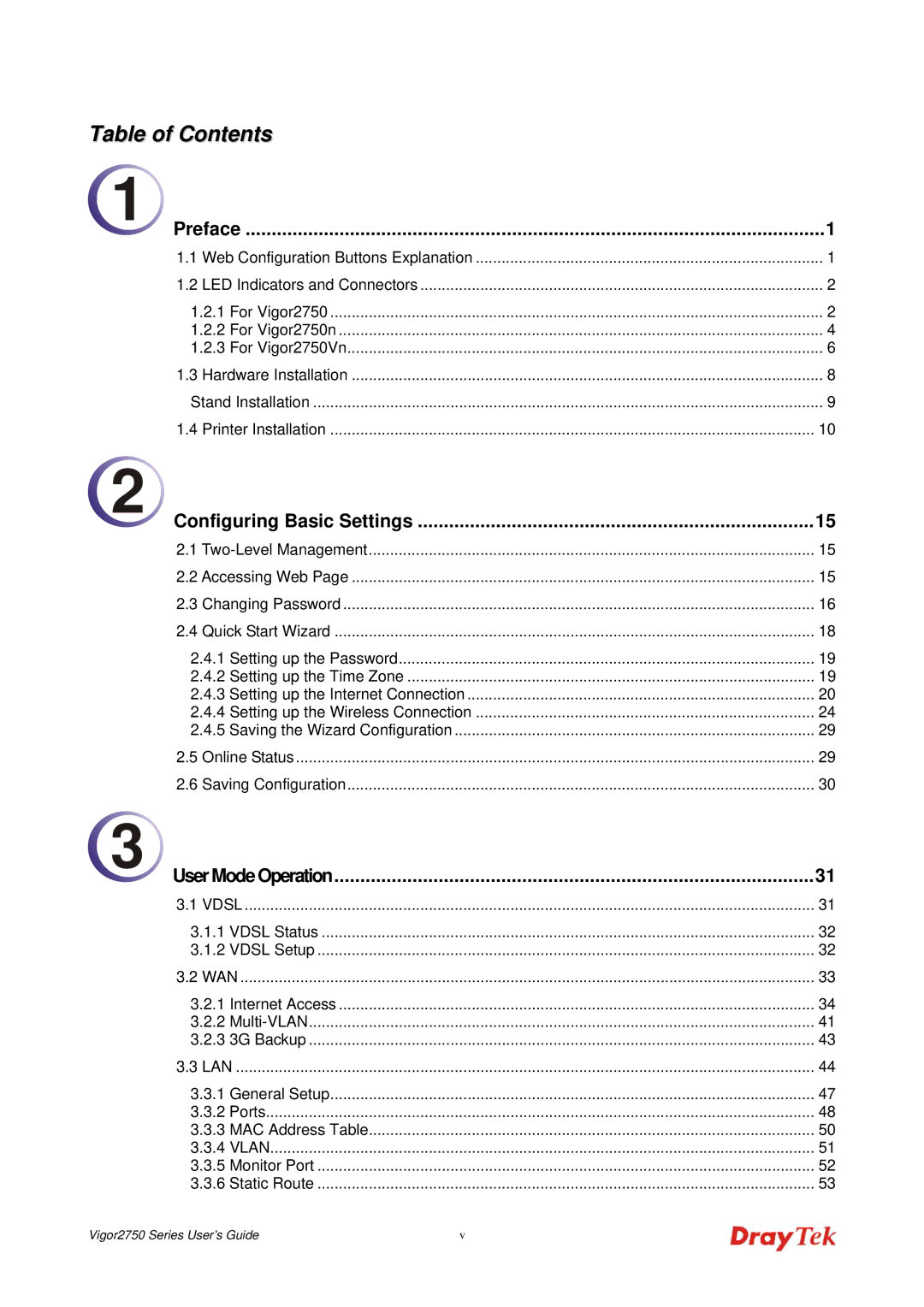 Draytek 2750 manual Table of Contents 