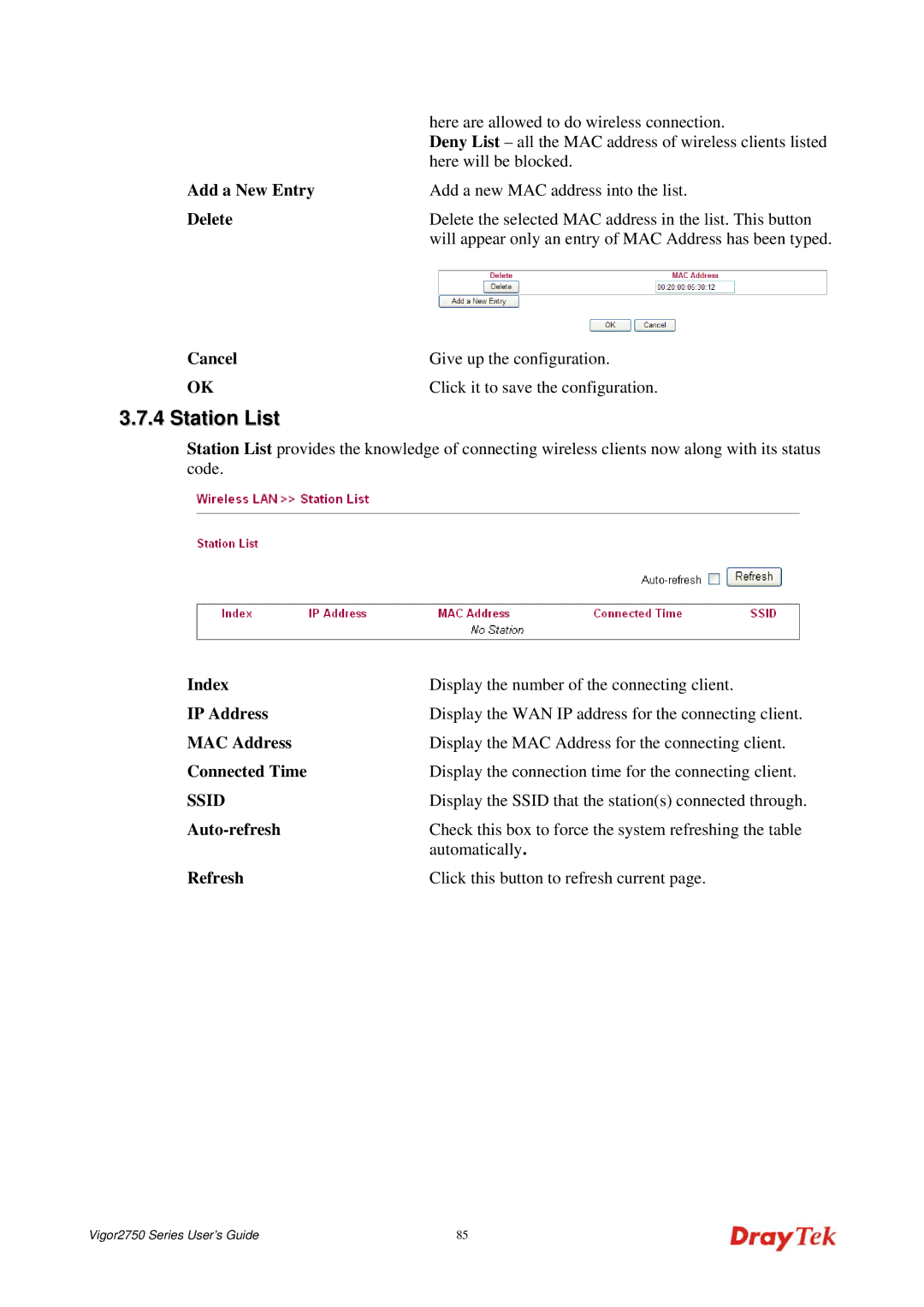 Draytek 2750 manual Station List, Add a New Entry, Display the Ssid that the stations connected through 