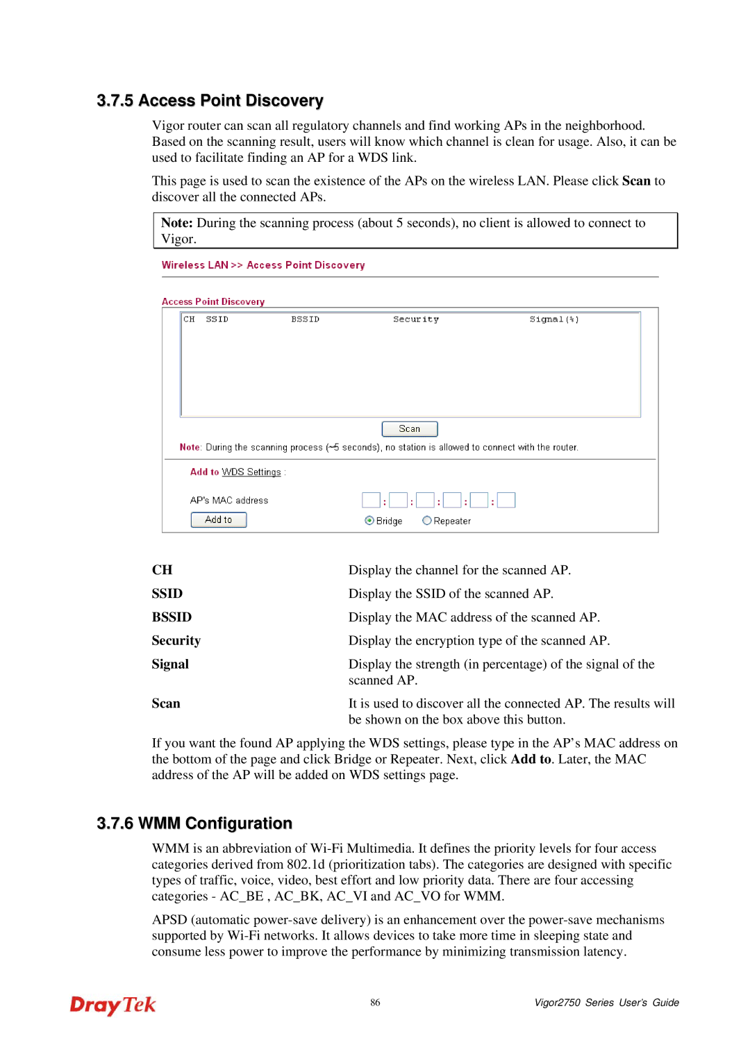 Draytek 2750 manual Access Point Discovery, WMM Configuration, Security, Signal, Scan 