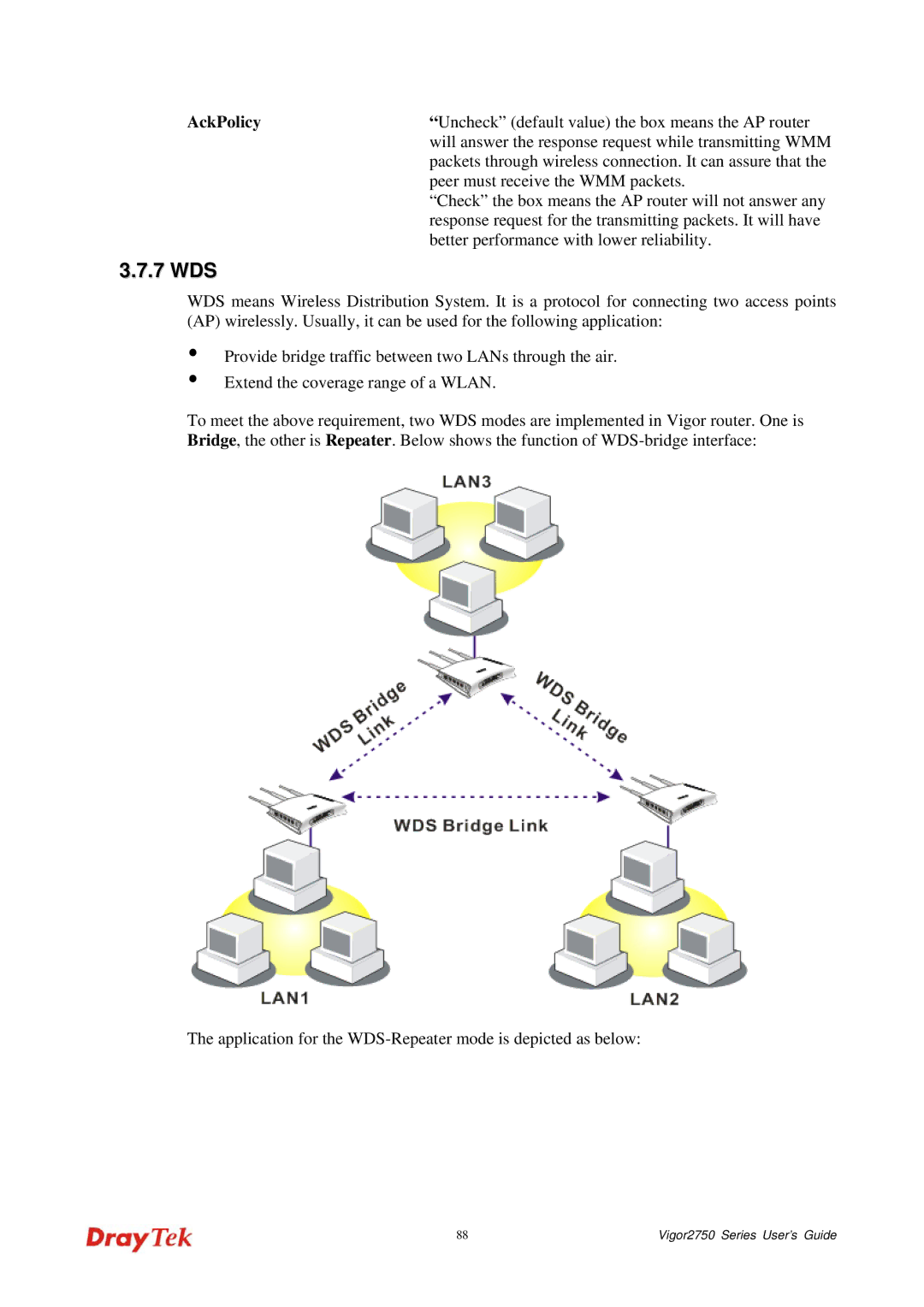 Draytek 2750 manual 7 WDS, AckPolicy 