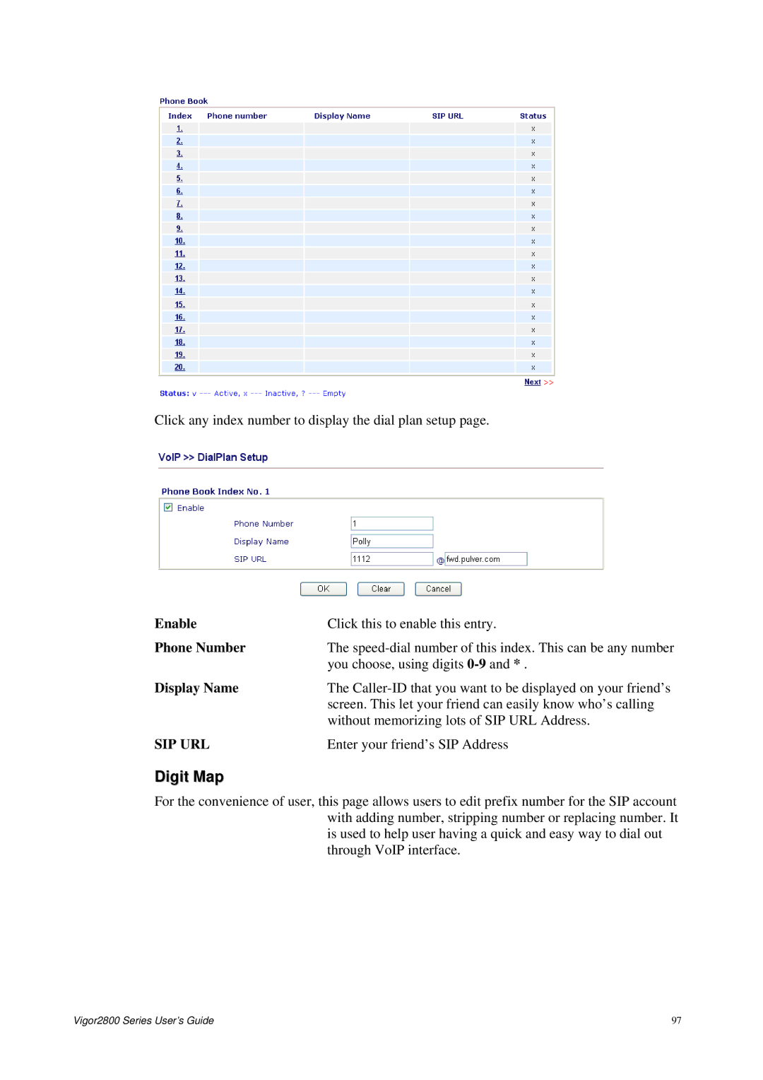 Draytek 2800 Series manual Digit Map, Phone Number, Display Name, Sip Url 