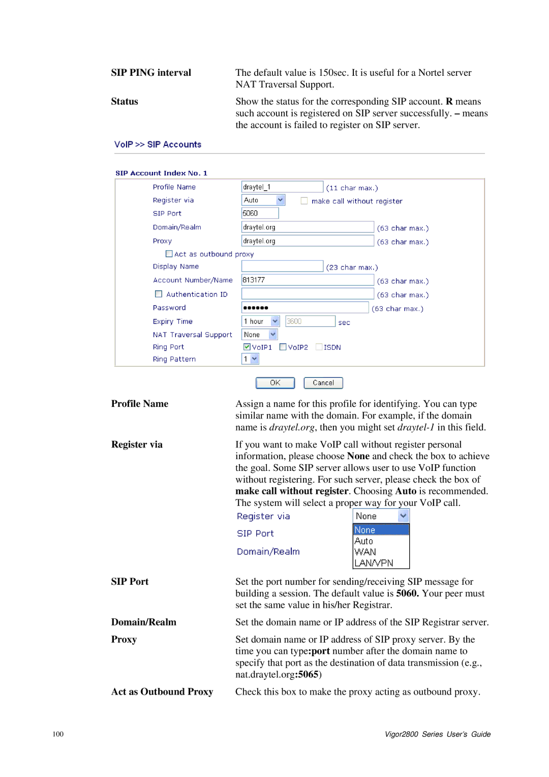 Draytek 2800 Series manual SIP Ping interval, Register via, SIP Port, Act as Outbound Proxy 