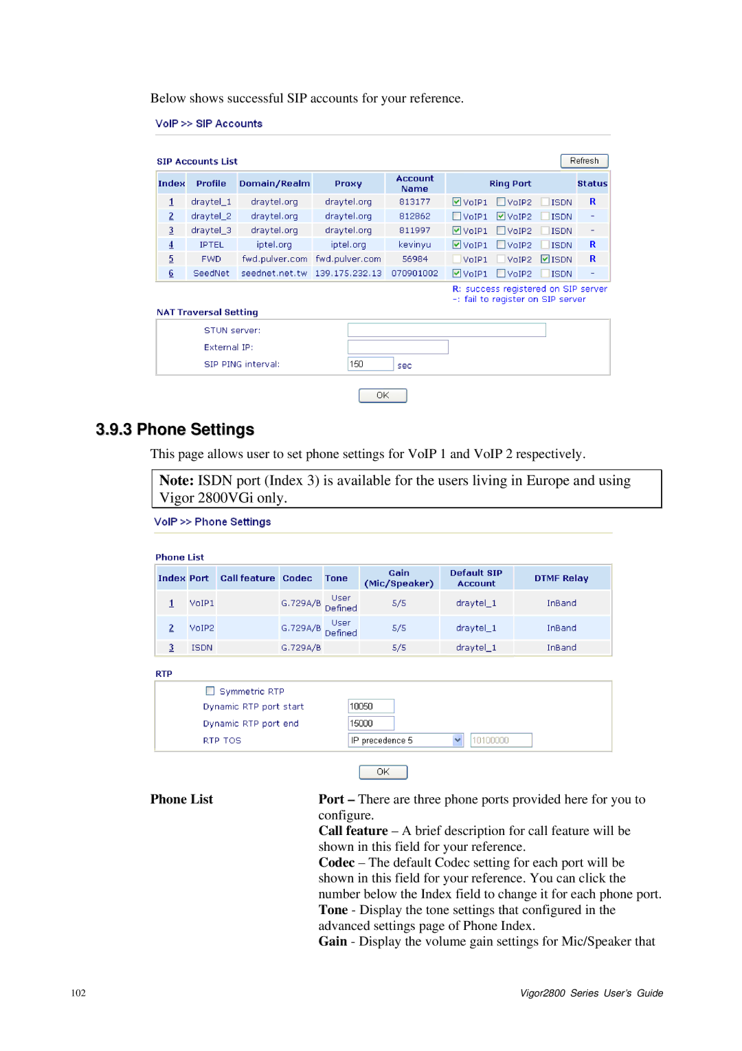 Draytek 2800 Series manual Phone Settings, Phone List 