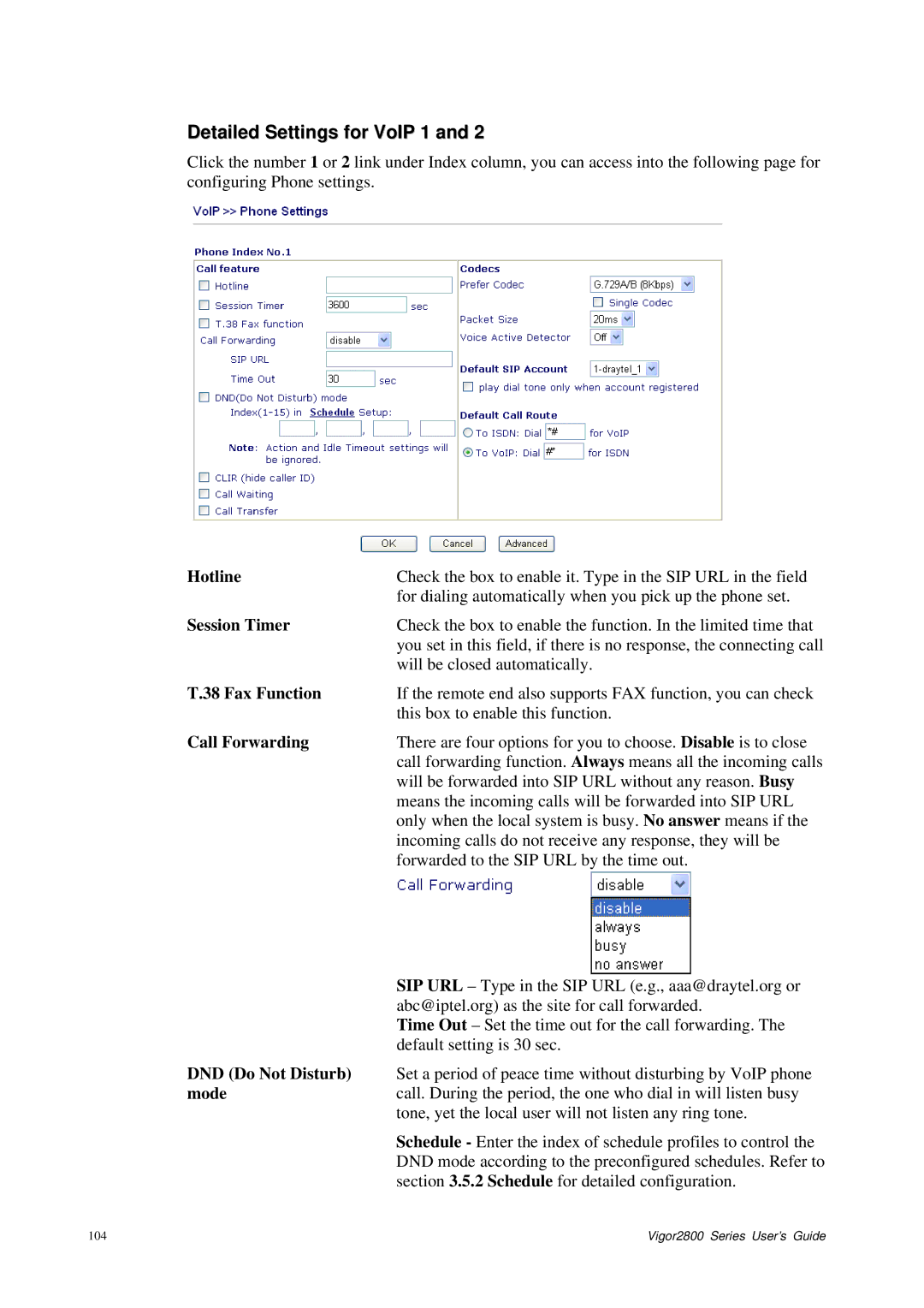 Draytek 2800 Series manual Detailed Settings for VoIP 1, Hotline, Session Timer, Fax Function, Call Forwarding 