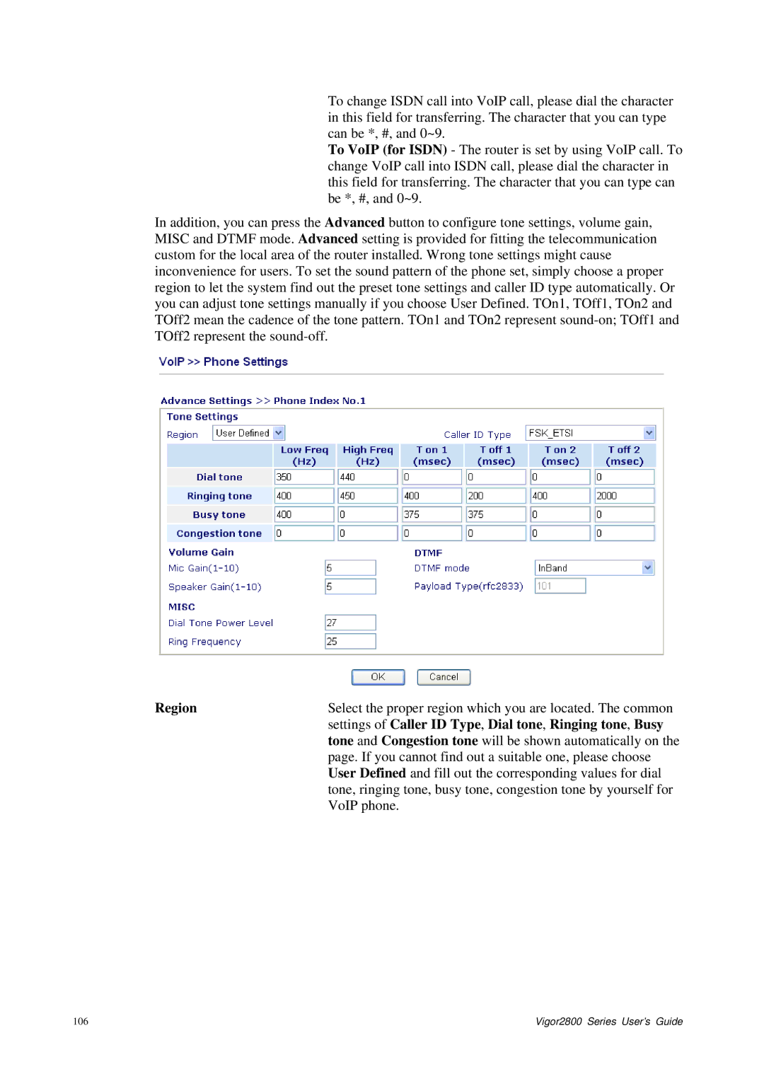 Draytek 2800 Series manual Region, Settings of Caller ID Type , Dial tone , Ringing tone , Busy 