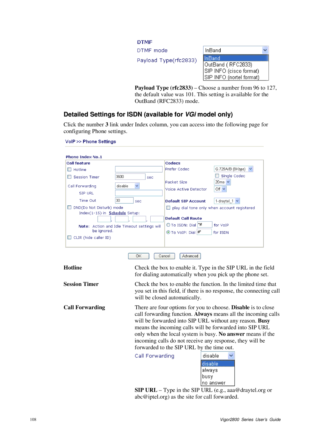 Draytek 2800 Series manual Detailed Settings for Isdn available for VGi model only, Hotline 