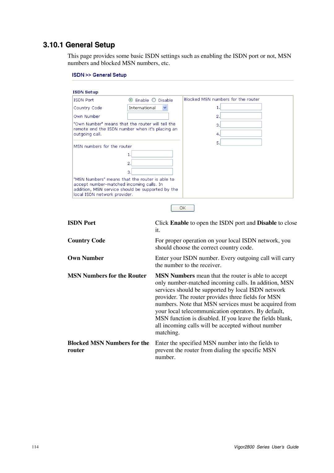 Draytek 2800 Series Isdn Port, Country Code, Own Number, MSN Numbers for the Router, Blocked MSN Numbers for the router 