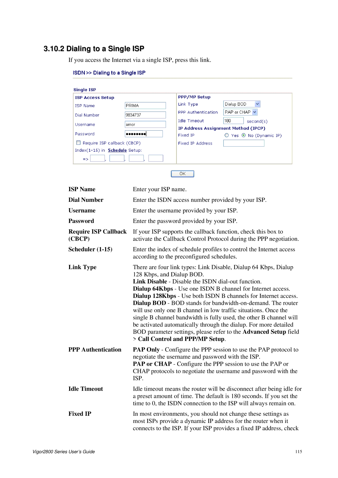 Draytek 2800 Series manual Dialing to a Single ISP, Cbcp 