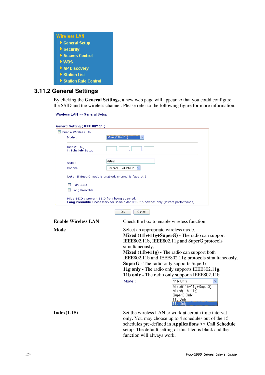 Draytek 2800 Series manual General Settings, Enable Wireless LAN, Mixed 11b+11g+SuperG The radio can support, Index1-15 