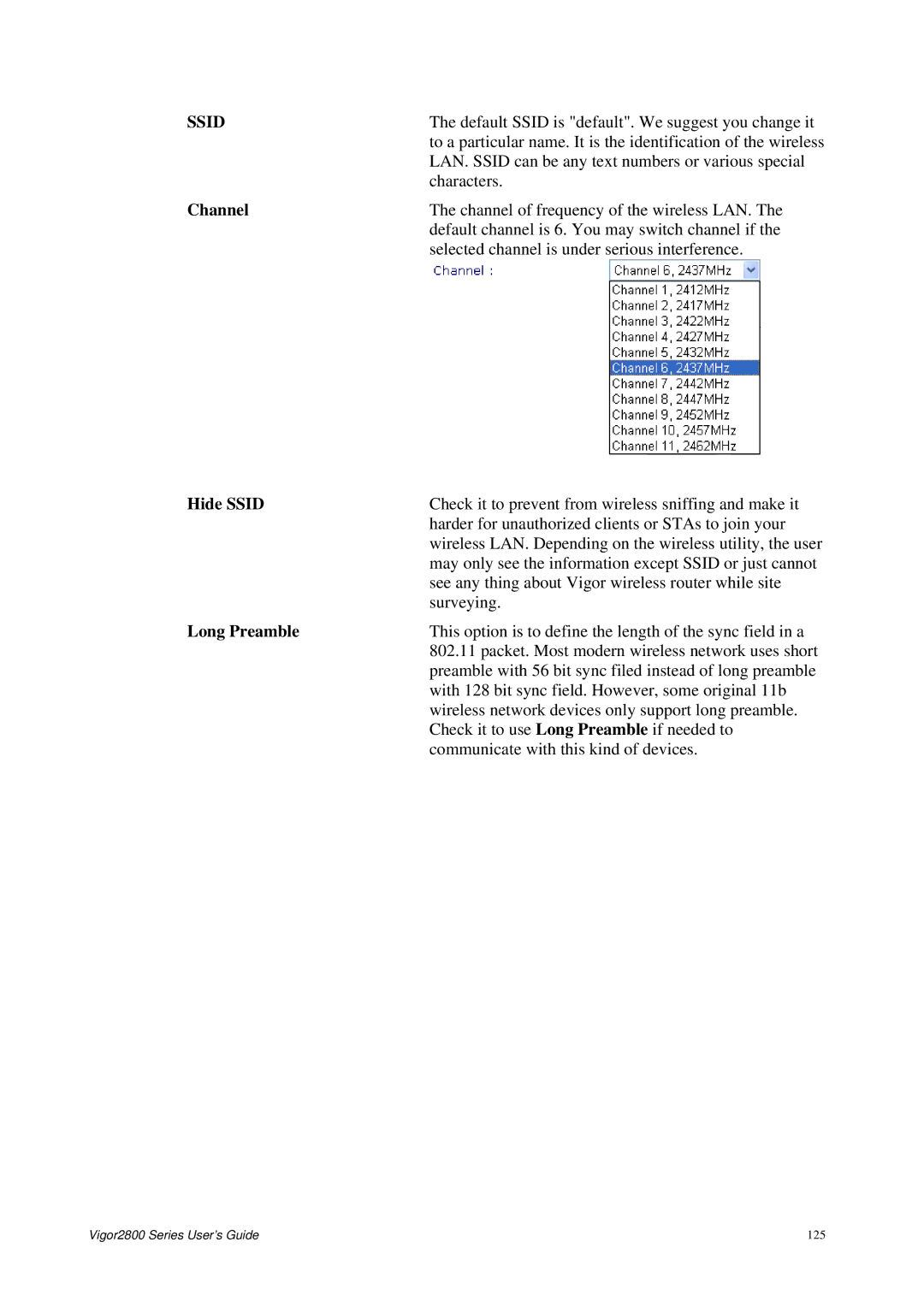 Draytek 2800 Series manual Channel, Hide Ssid, Long Preamble 