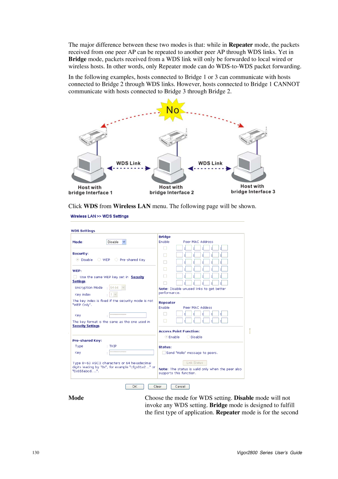 Draytek 2800 Series manual Choose the mode for WDS setting. Disable mode will not 