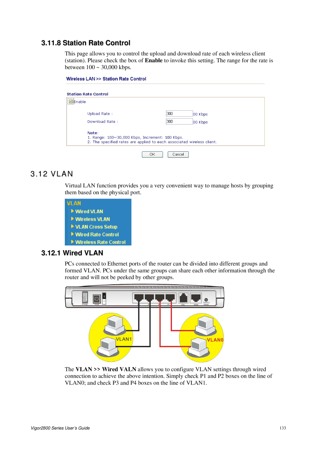 Draytek 2800 Series manual Station Rate Control, Wired Vlan 