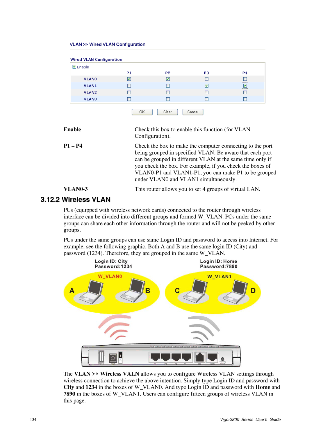 Draytek 2800 Series manual Wireless Vlan, P1 P4, VLAN0-3 