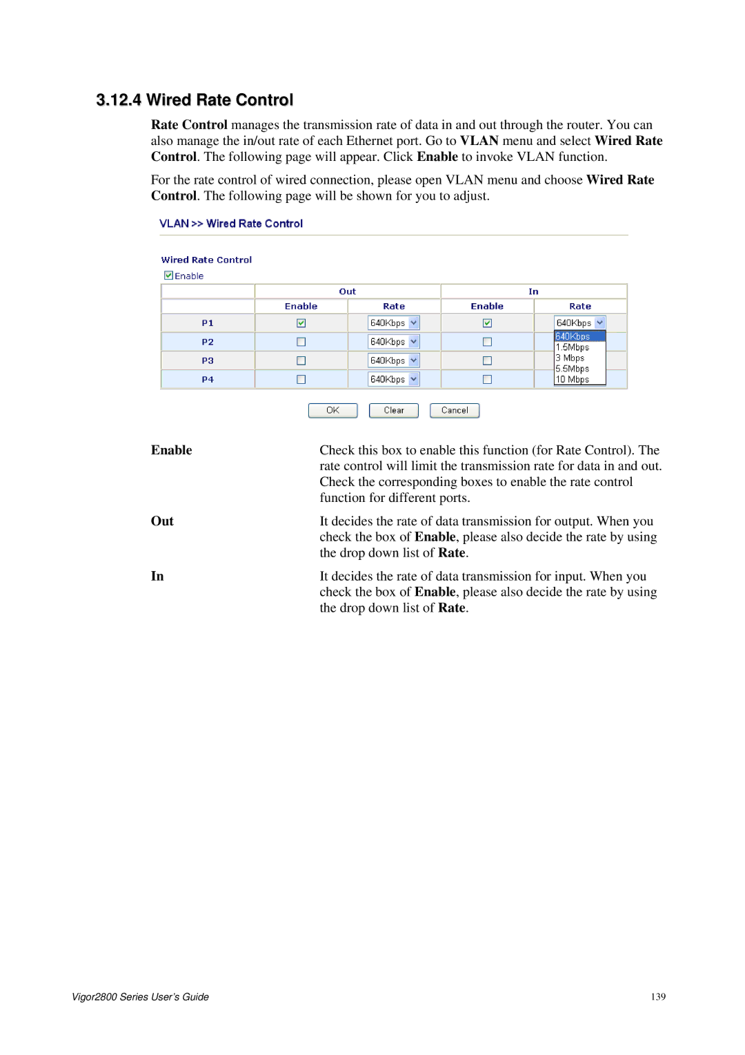 Draytek 2800 Series manual Wired Rate Control, Out 