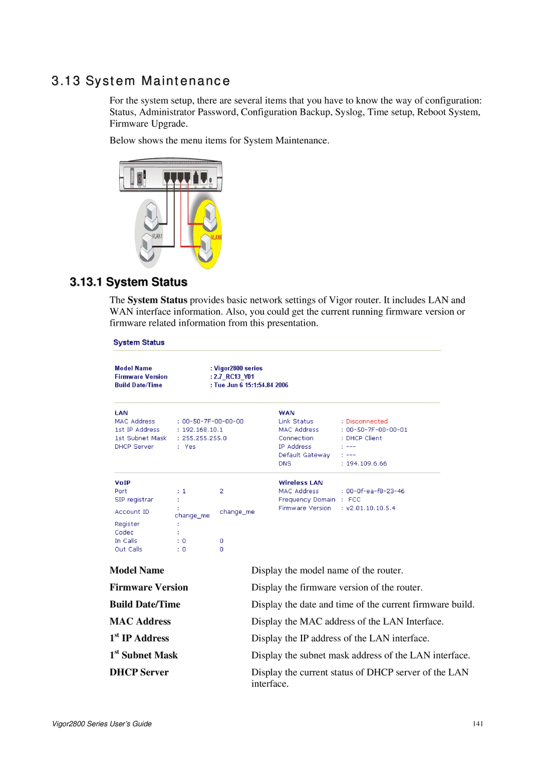 Draytek 2800 Series manual System Maintenance, System Status 