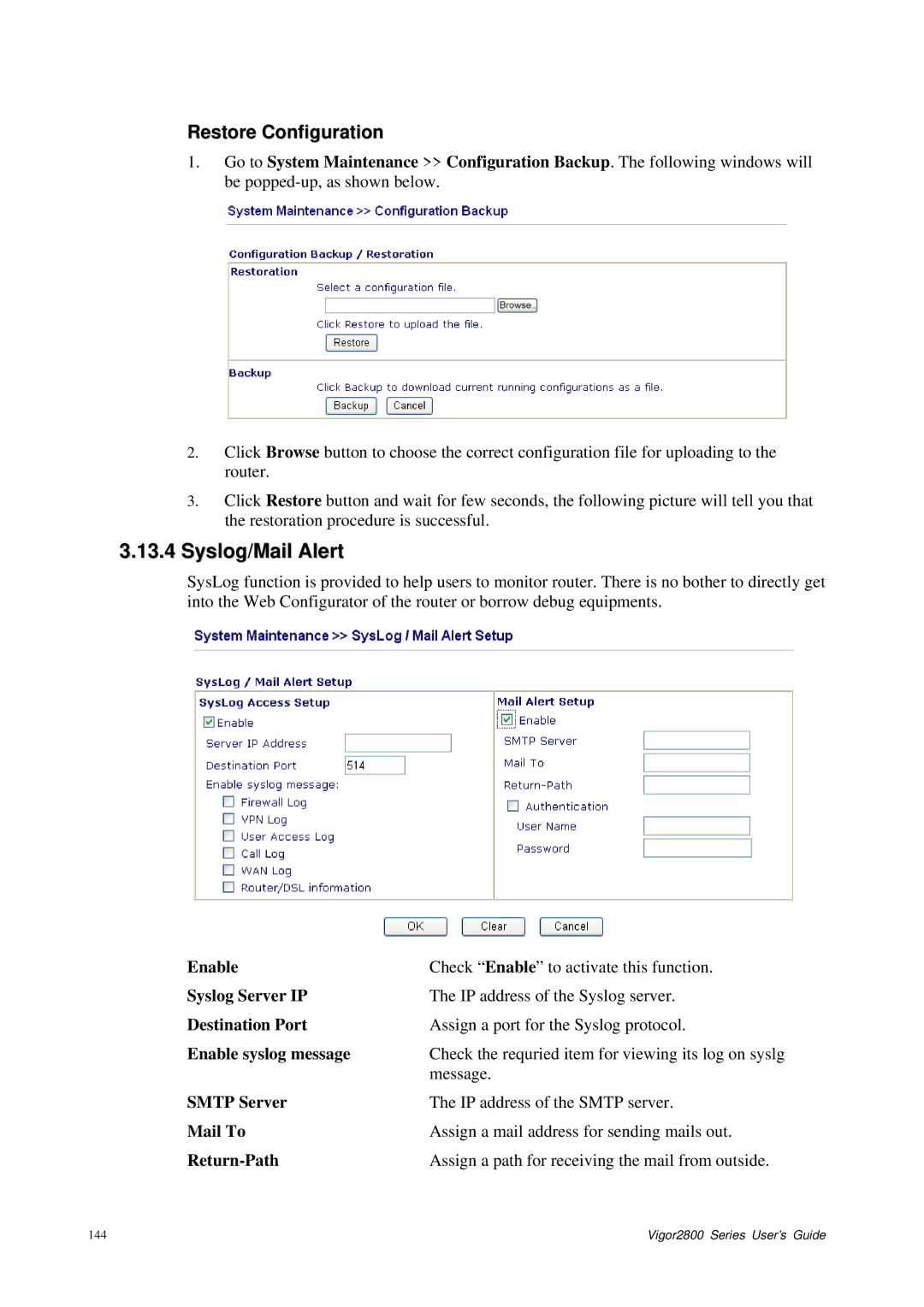 Draytek 2800 Series manual Syslog/Mail Alert, Restore Configuration 