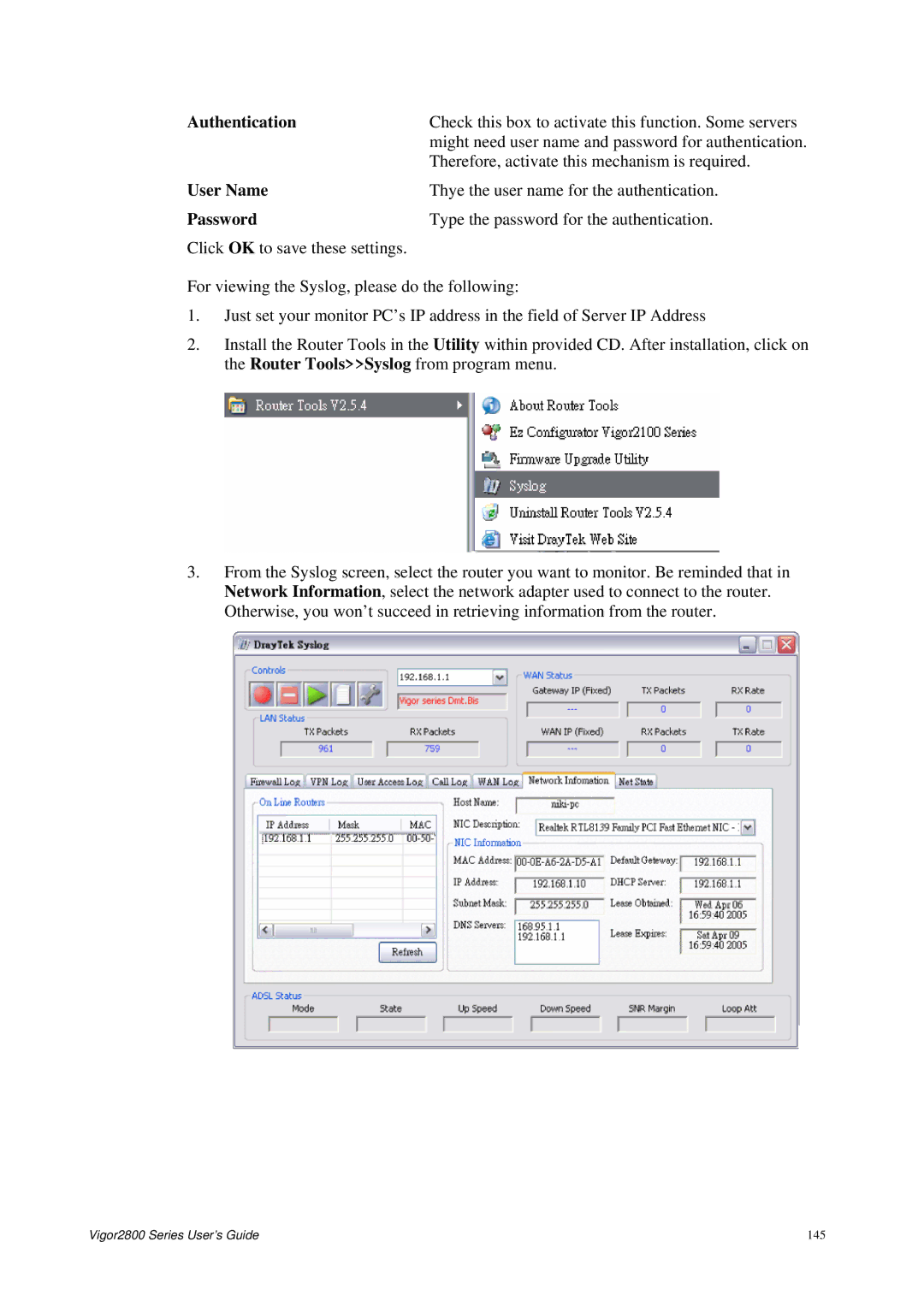 Draytek 2800 Series manual Authentication, User Name 