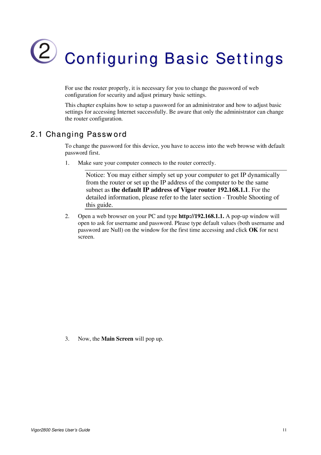 Draytek 2800 Series manual Configuring Basic Settings, Changing Password 