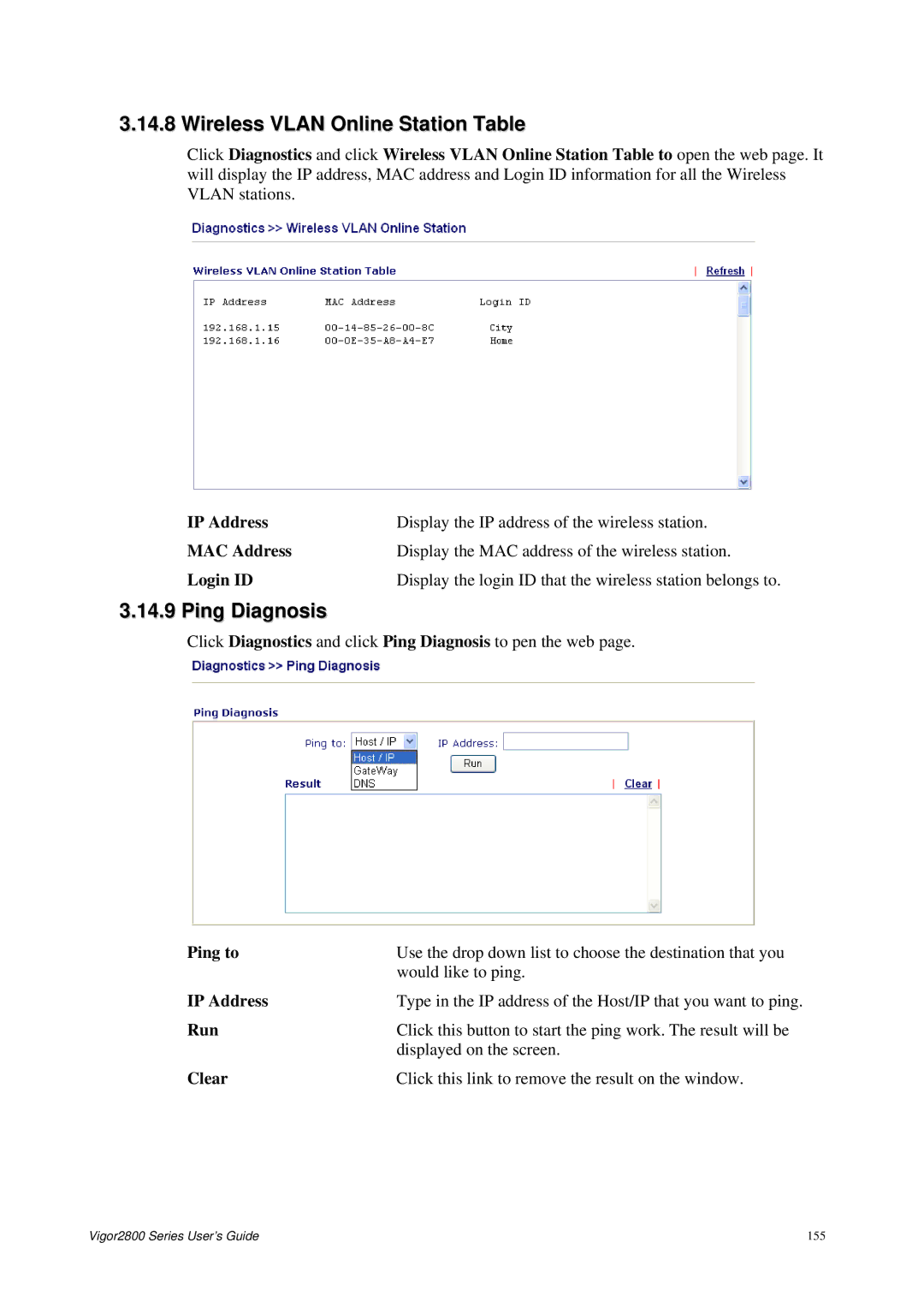 Draytek 2800 Series manual Wireless Vlan Online Station Table, Ping Diagnosis, Ping to, Run 