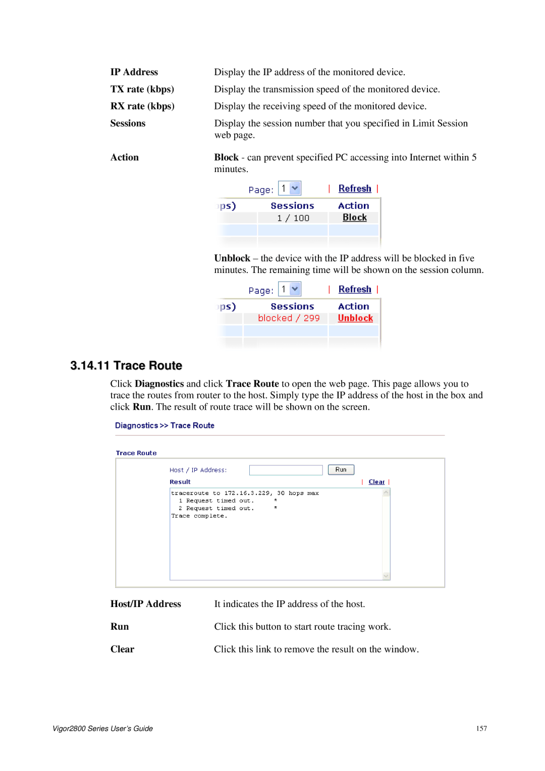 Draytek 2800 Series manual Trace Route, TX rate kbps, RX rate kbps, Sessions 