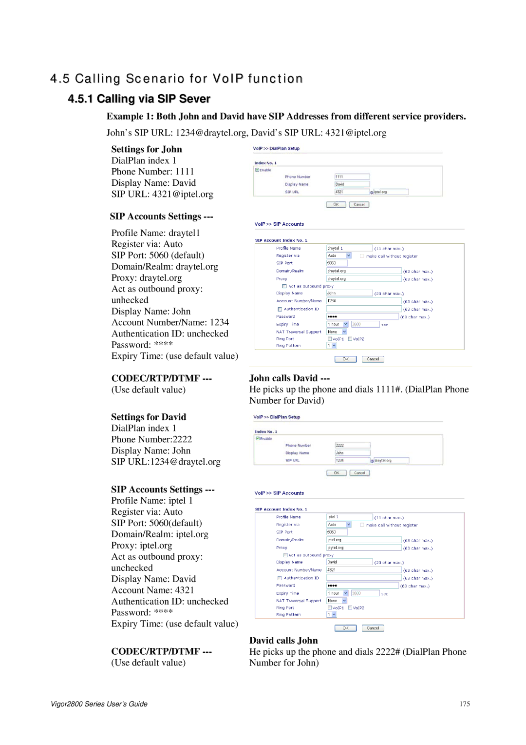 Draytek 2800 Series manual Calling Scenario for VoIP function, Calling via SIP Sever, Codec/Rtp/Dtmf 