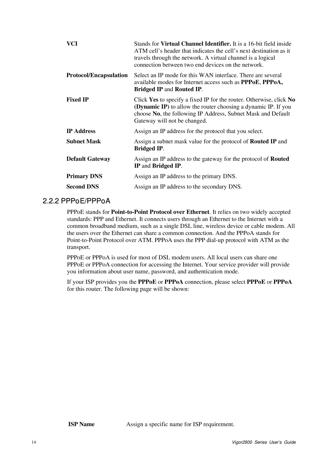 Draytek 2800 Series manual PPPoE/PPPoA, Vci 