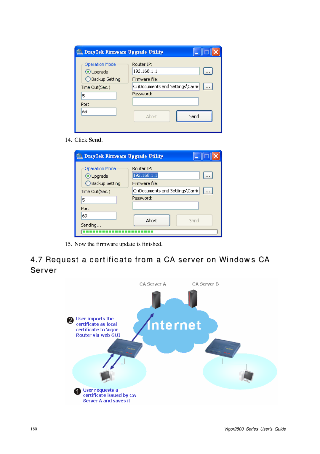 Draytek 2800 Series manual Request a certificate from a CA server on Windows CA Server 