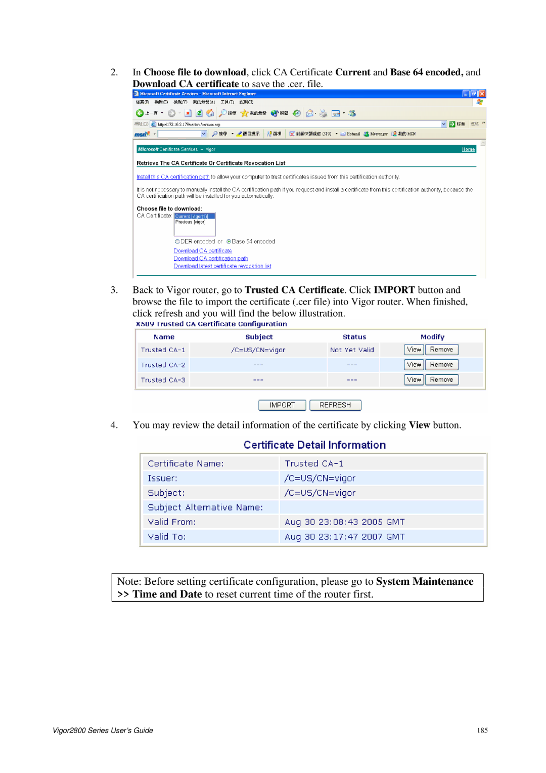 Draytek 2800 Series manual Time and Date to reset current time of the router first 