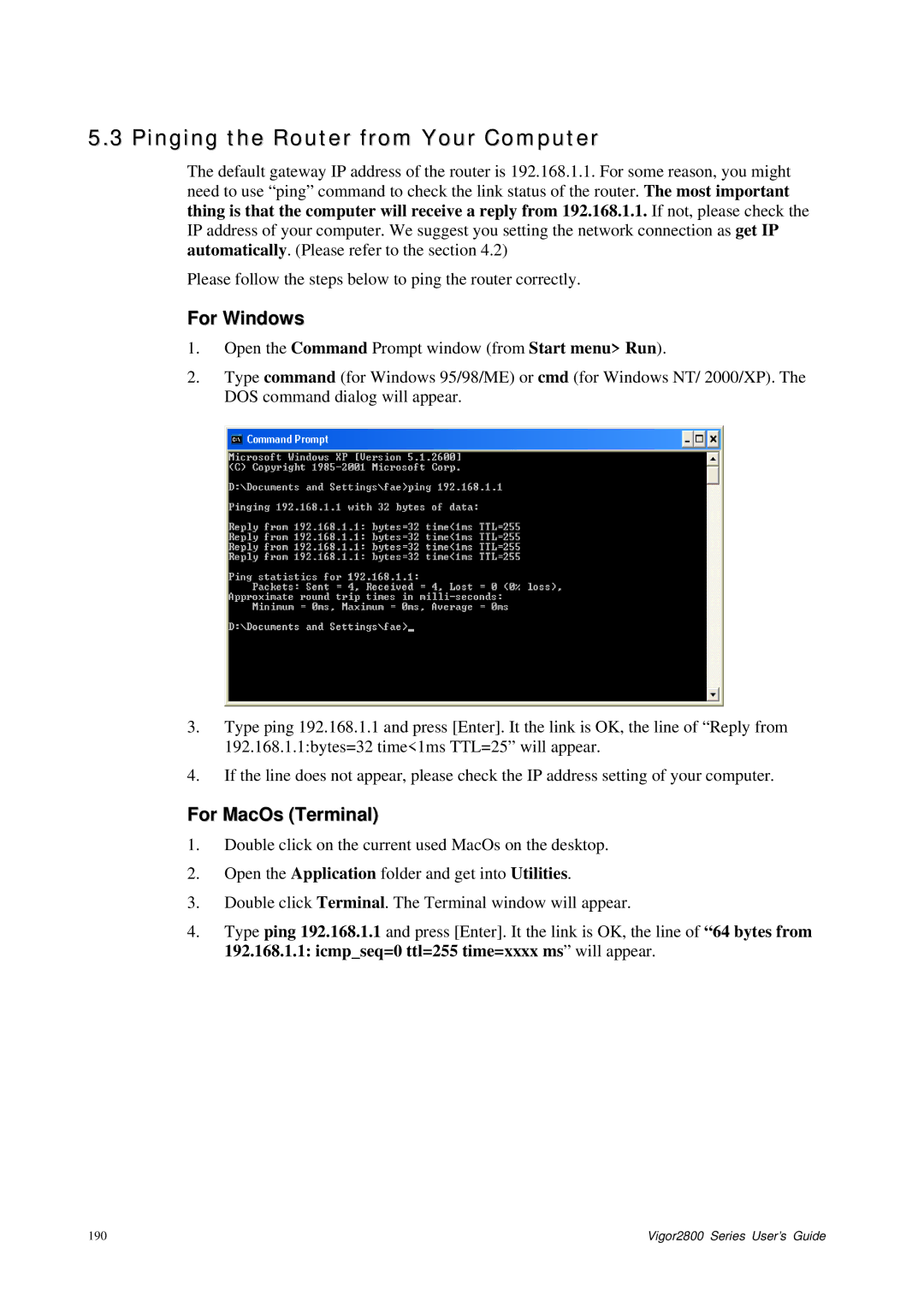 Draytek 2800 Series manual Pinging the Router from Your Computer, For MacOs Terminal 