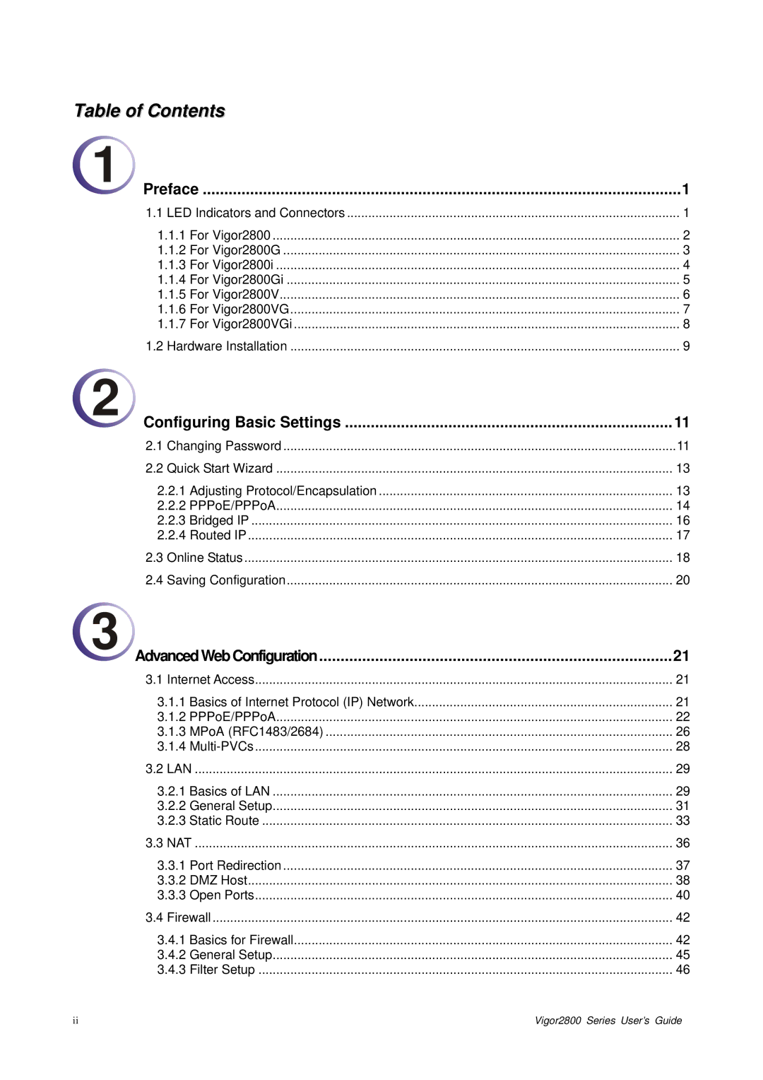 Draytek 2800 Series manual Table of Contents 