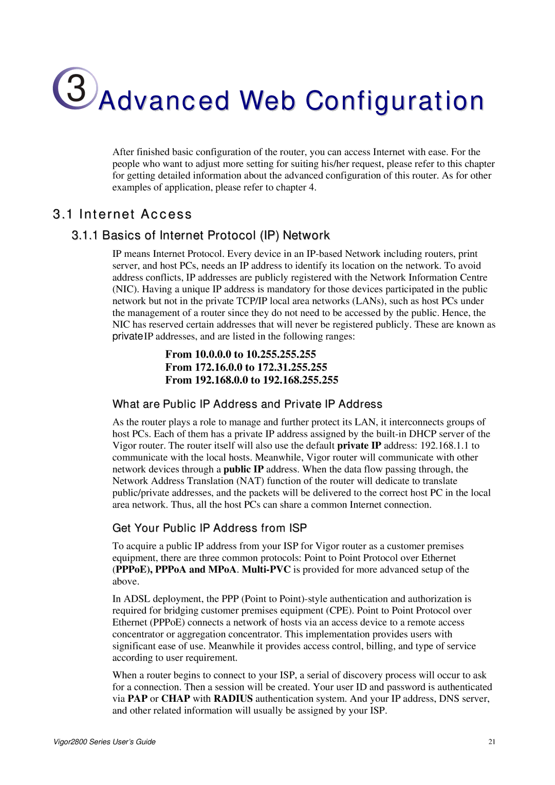 Draytek 2800 Series manual Internet Access, Basics of Internet Protocol IP Network, Get Your Public IP Address from ISP 