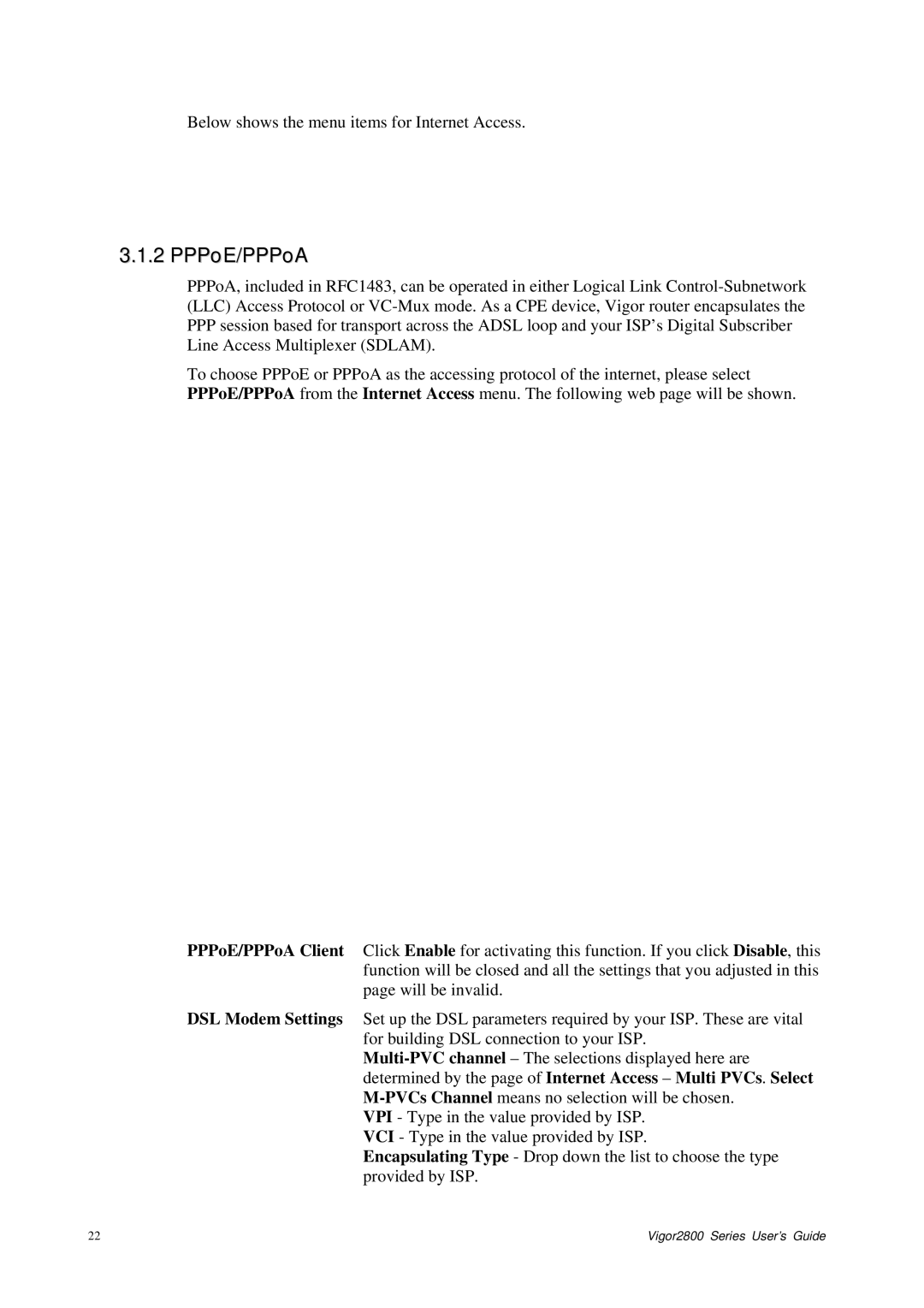 Draytek 2800 Series manual Below shows the menu items for Internet Access 