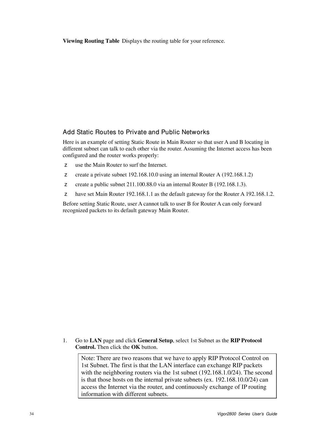 Draytek 2800 Series manual Add Static Routes to Private and Public Networks 