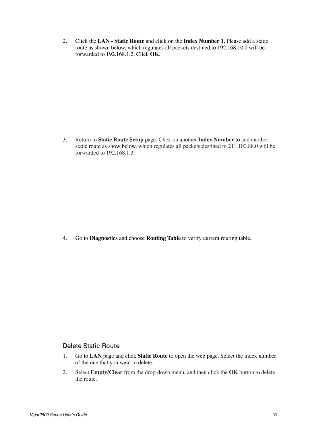 Draytek 2800 Series manual Delete Static Route 