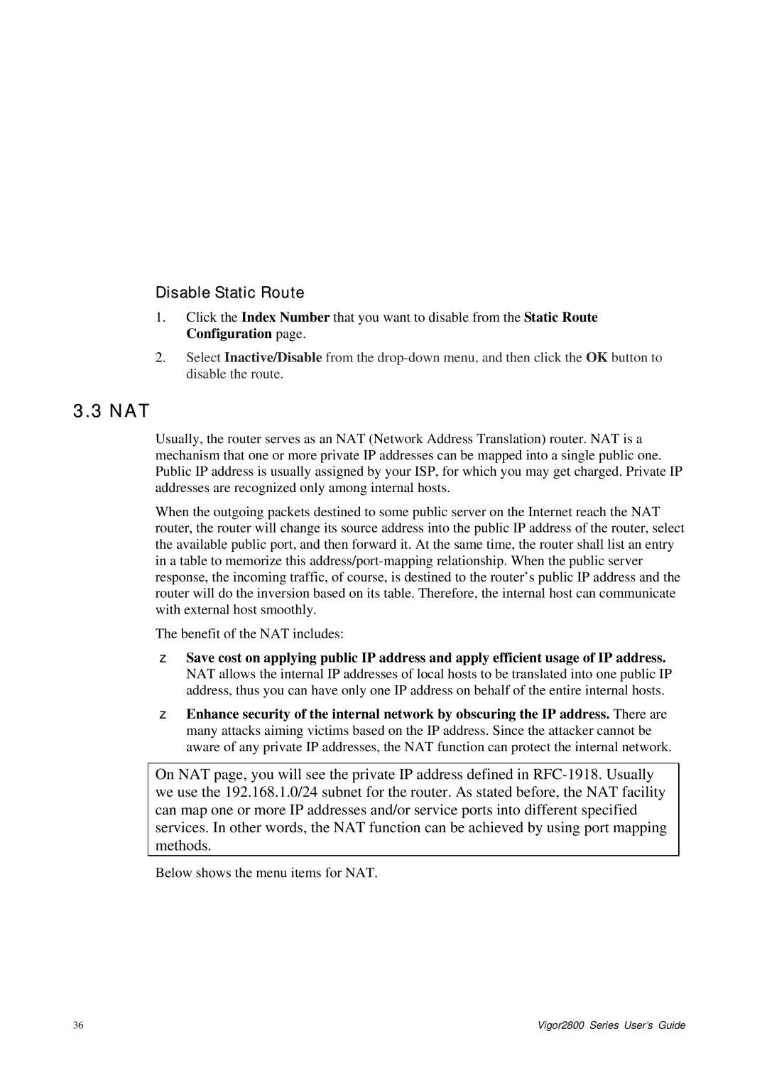 Draytek 2800 Series manual Nat, Disable Static Route 