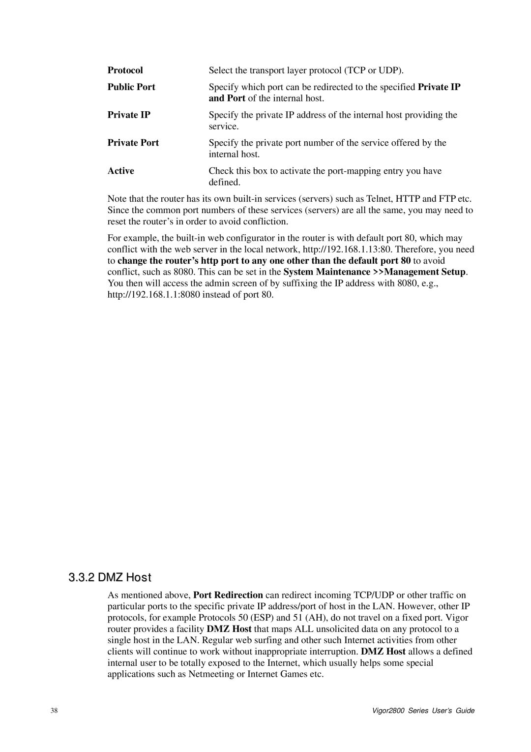 Draytek 2800 Series manual DMZ Host, Public Port, Private IP, Private Port, Active 