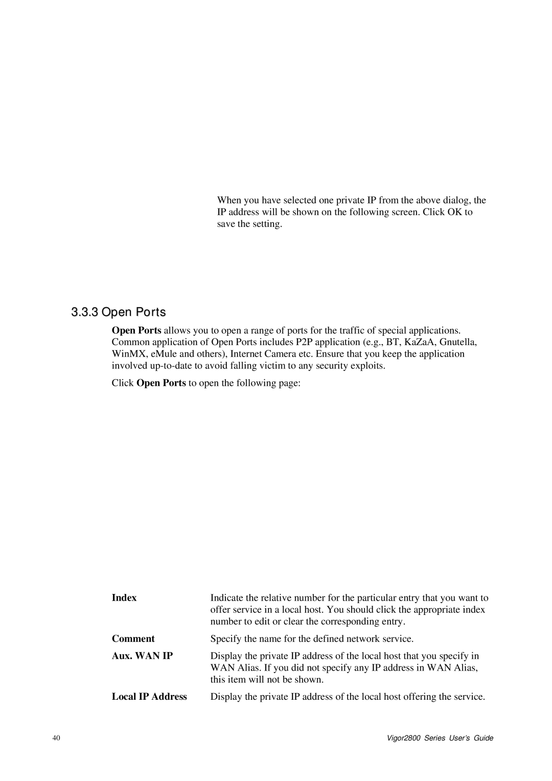 Draytek 2800 Series manual Open Ports, Comment, Aux. WAN IP, Local IP Address 