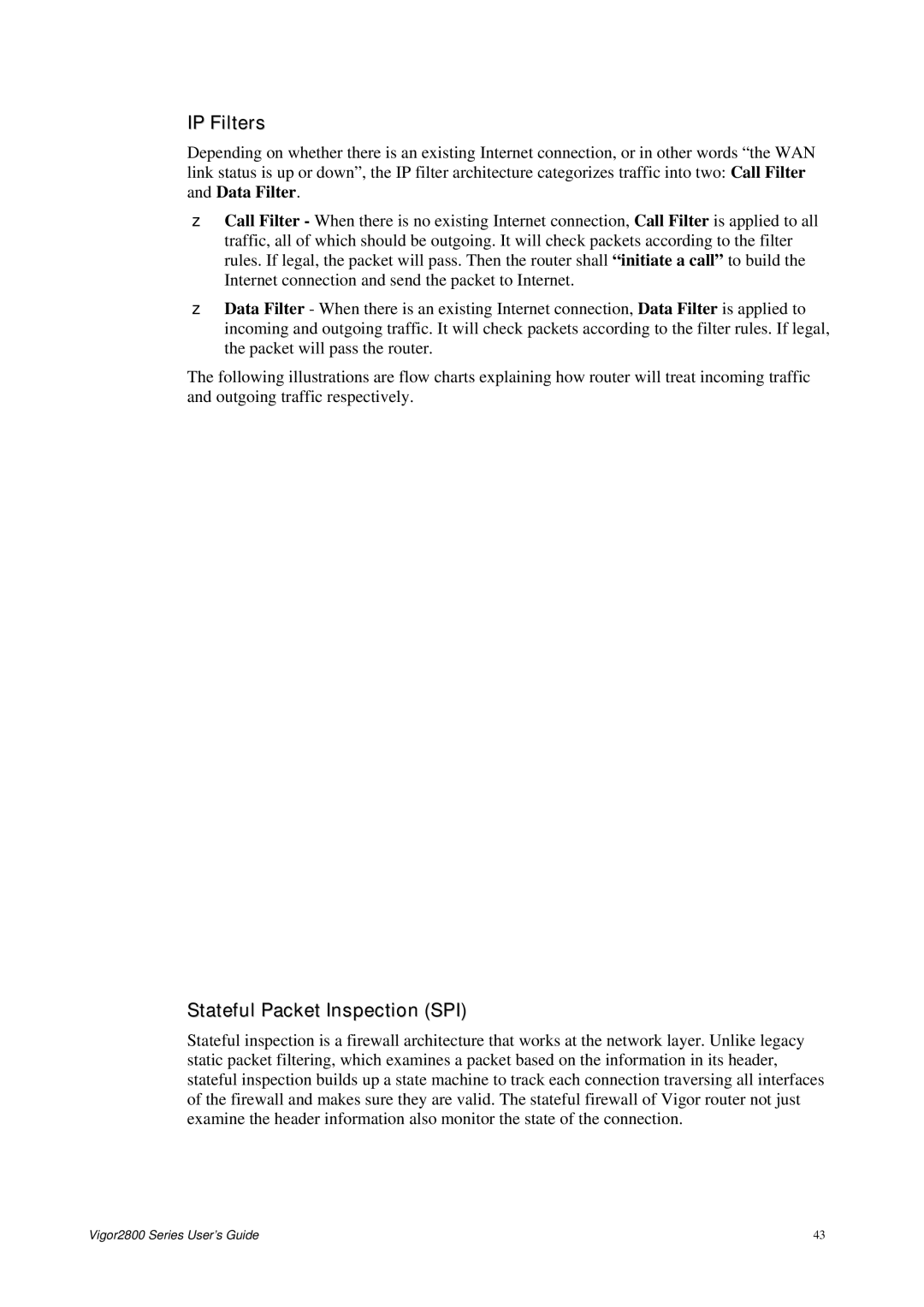 Draytek 2800 Series manual IP Filters, Stateful Packet Inspection SPI 