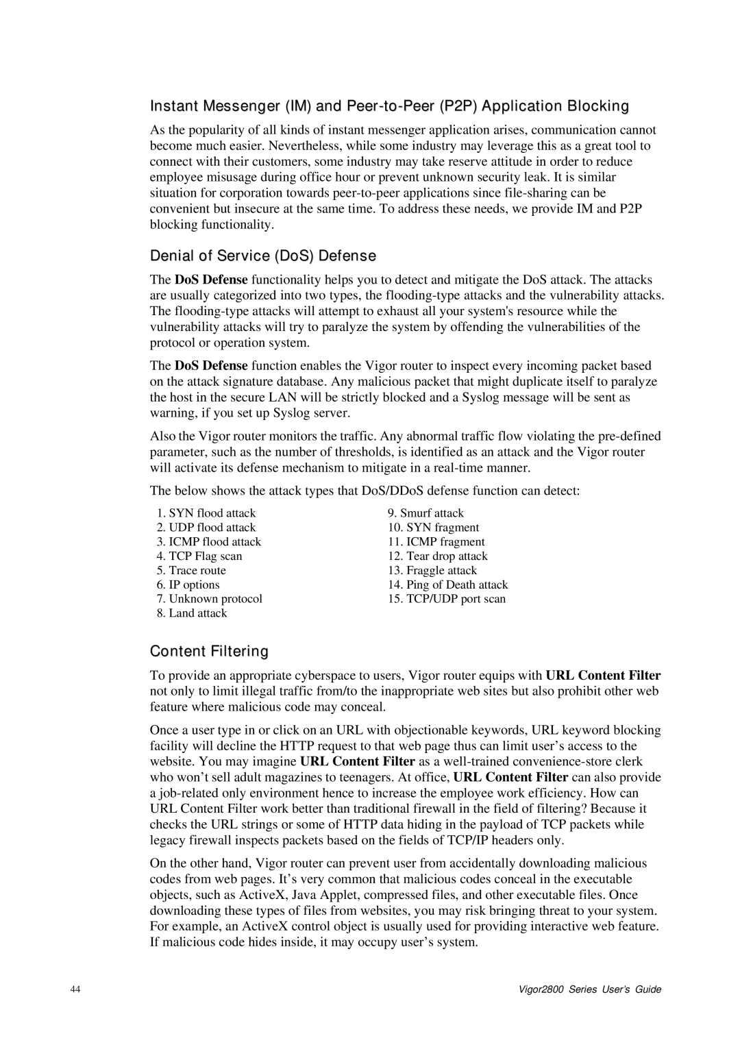 Draytek 2800 Series manual Denial of Service DoS Defense, Content Filtering 