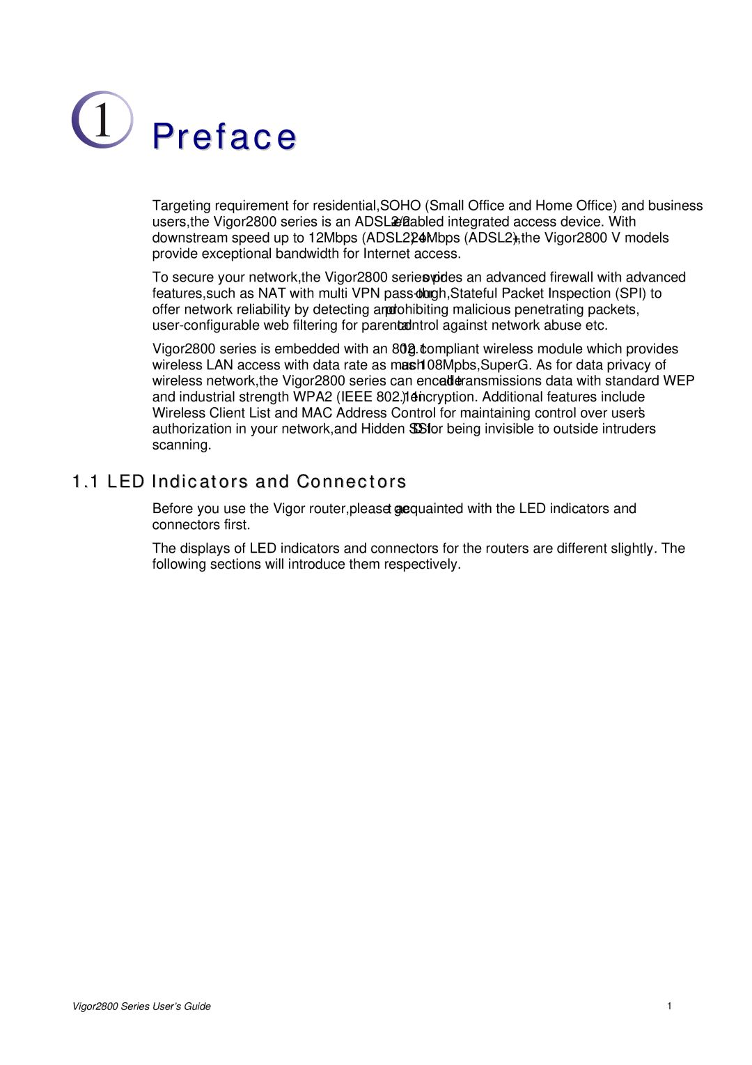 Draytek 2800 Series manual Preface, LED Indicators and Connectors 