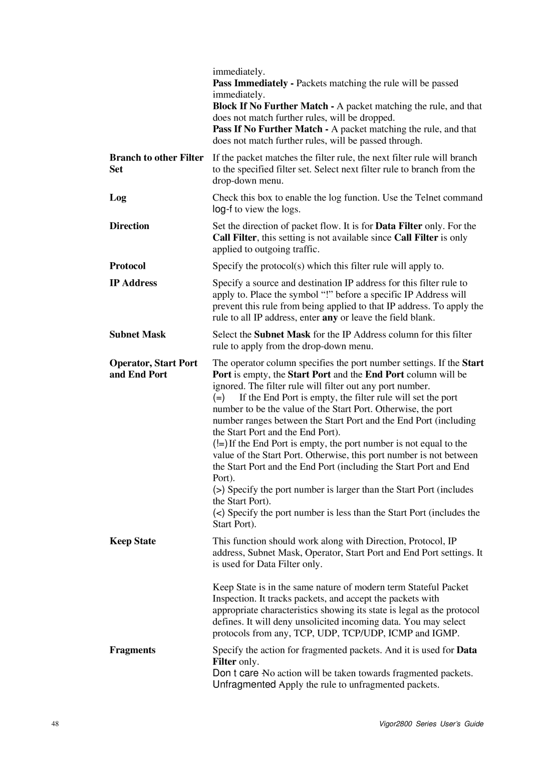 Draytek 2800 Series Branch to other Filter, Set, Log, Direction, Operator, Start Port, Keep State, Fragments, Filter only 