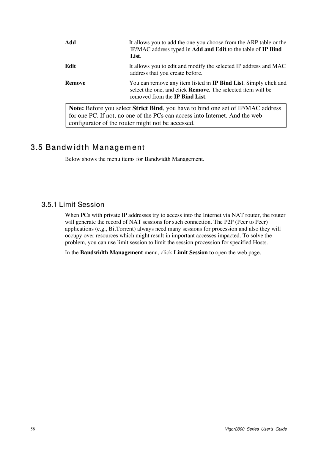 Draytek 2800 Series manual Bandwidth Management, Limit Session 