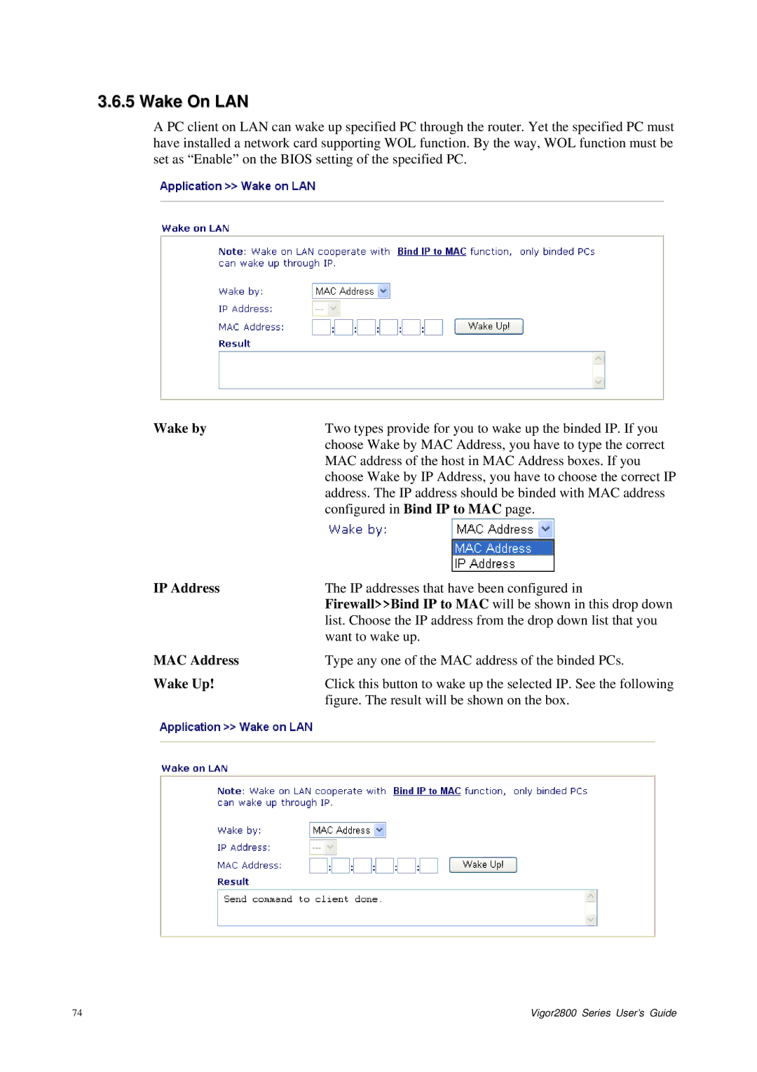 Draytek 2800 Series manual Wake On LAN, Wake by, MAC Address, Wake Up 